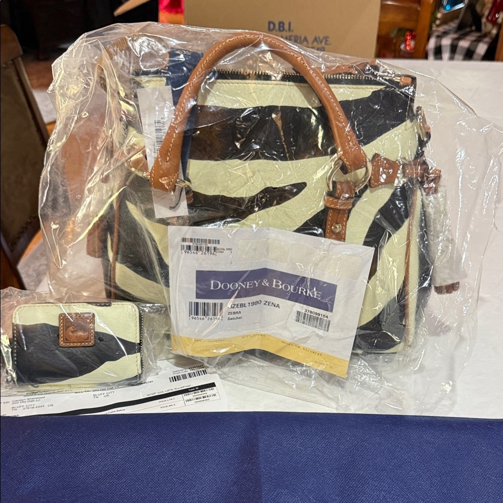 Dooney & Bourke Zebra-Pattern Satchel in Black, Cream and Tan Trim